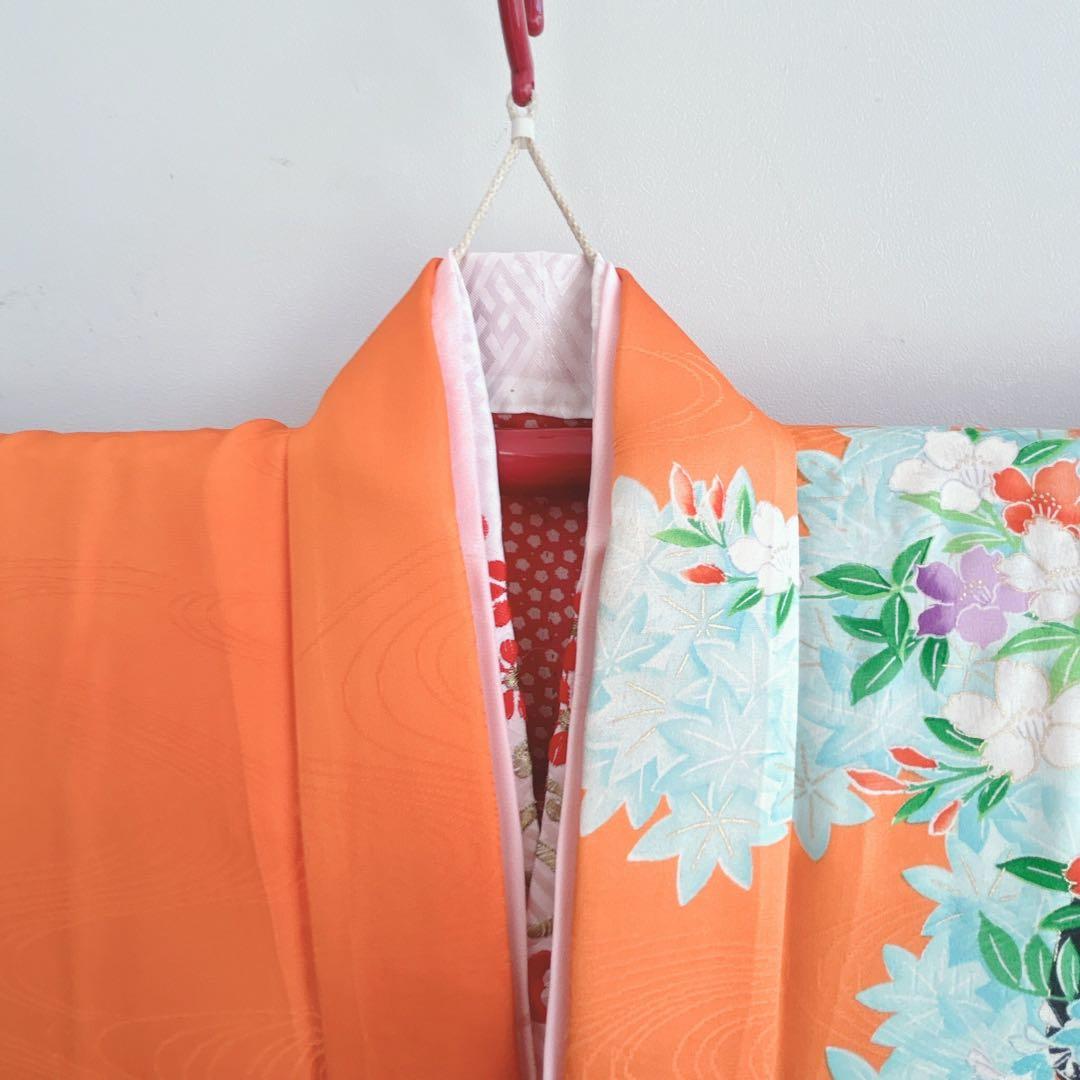 フルセット 七五三 7歳女の子 きもの　オレンジ色　牡丹　小物セット