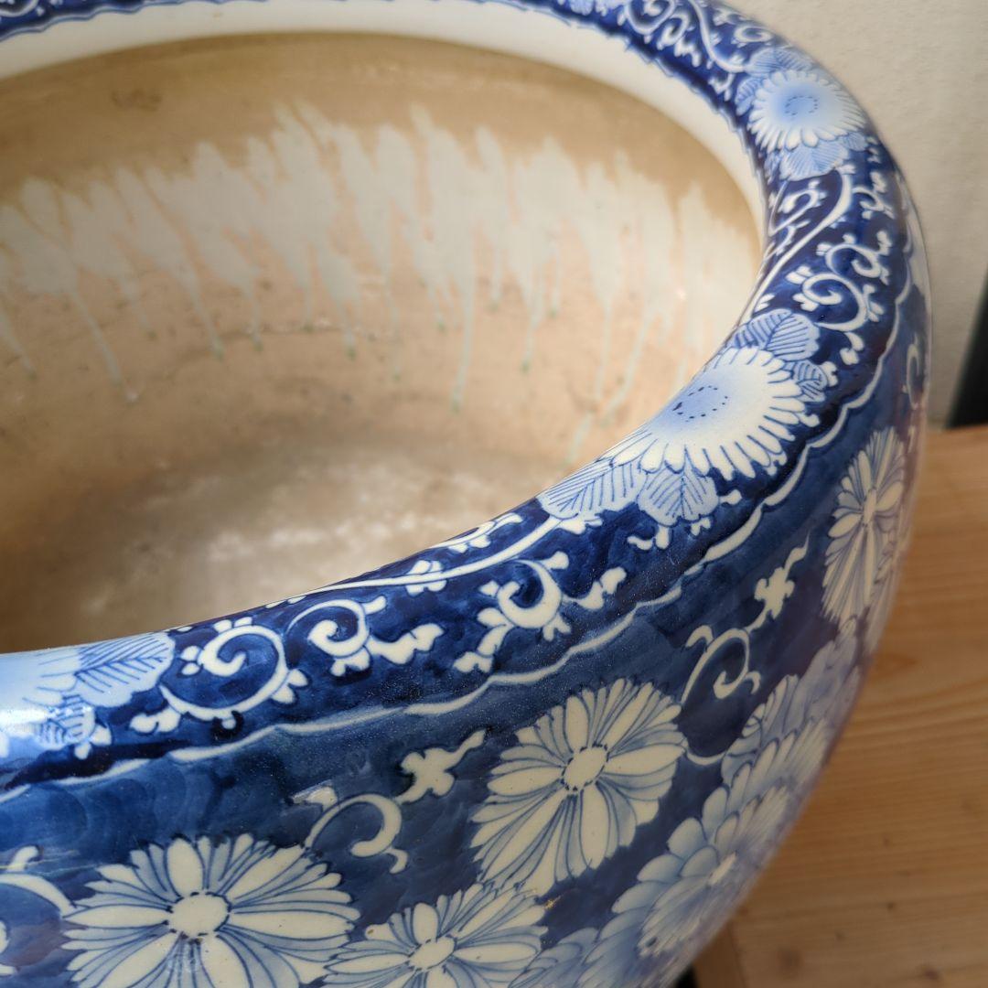 骨董 火鉢 染め付け モダン レトロ花 メダカ 睡蓮鉢 金魚 テーブル