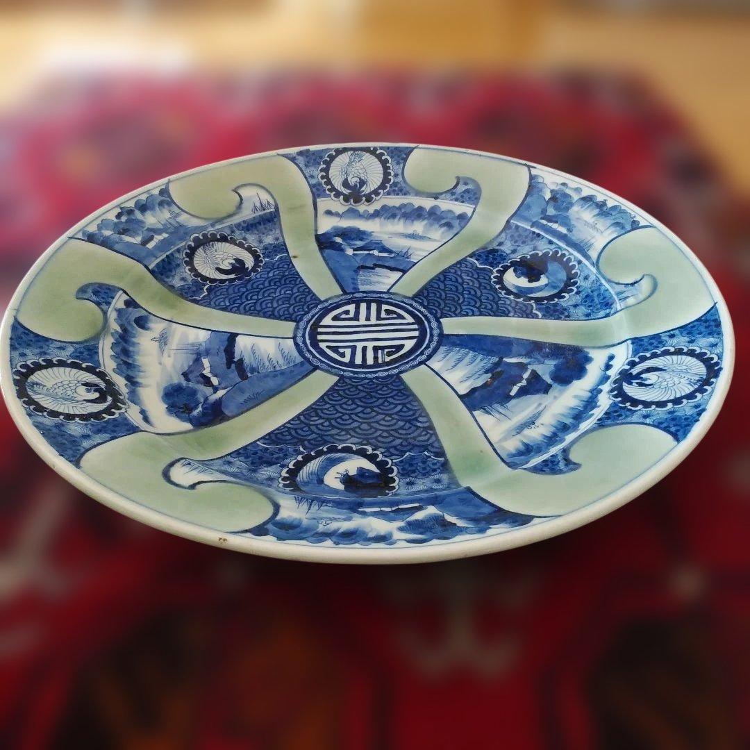 希少　珍品　 古伊万里 有田官窯　青磁染付大皿　特大皿　口径約44cm　有田焼