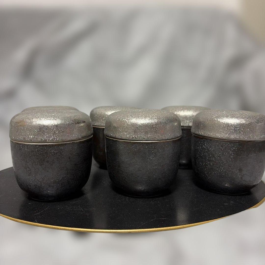 【有田焼】陶悦窯　黒晶銀塗り　蓋付蒸し碗　6個