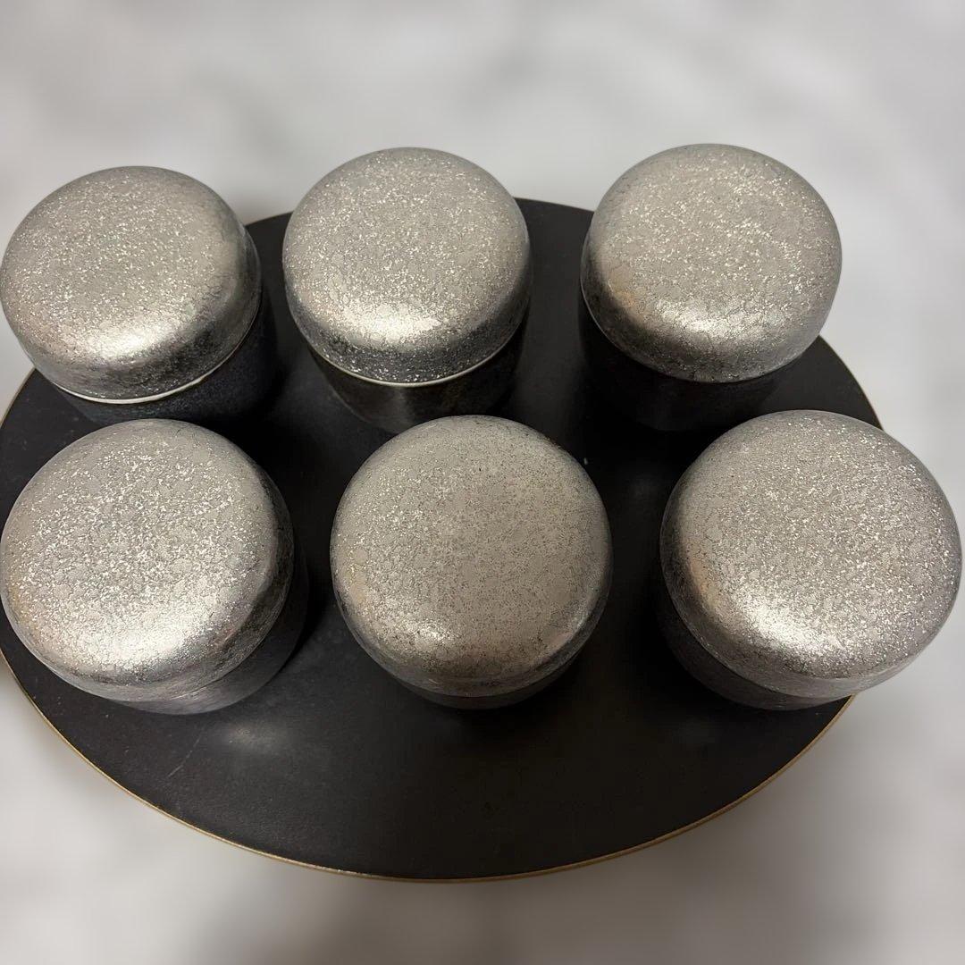 【有田焼】陶悦窯　黒晶銀塗り　蓋付蒸し碗　6個