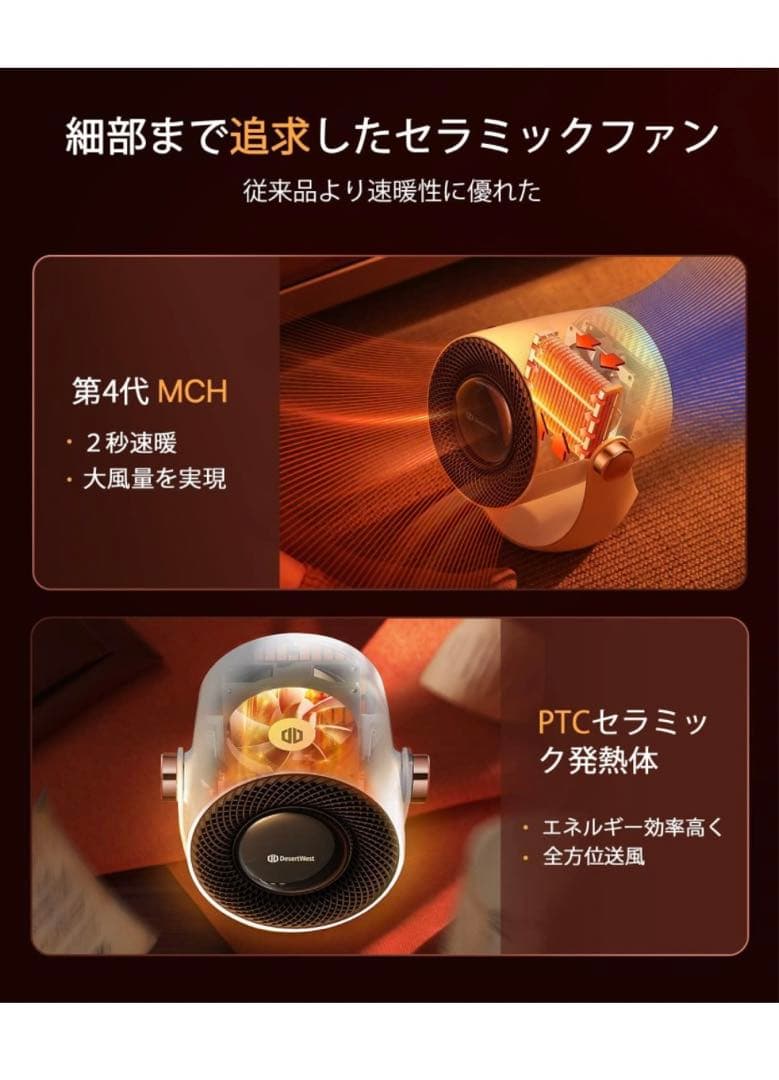 DesertWest セラミックヒーター 超小型 電気ファンヒーター 速暖2秒