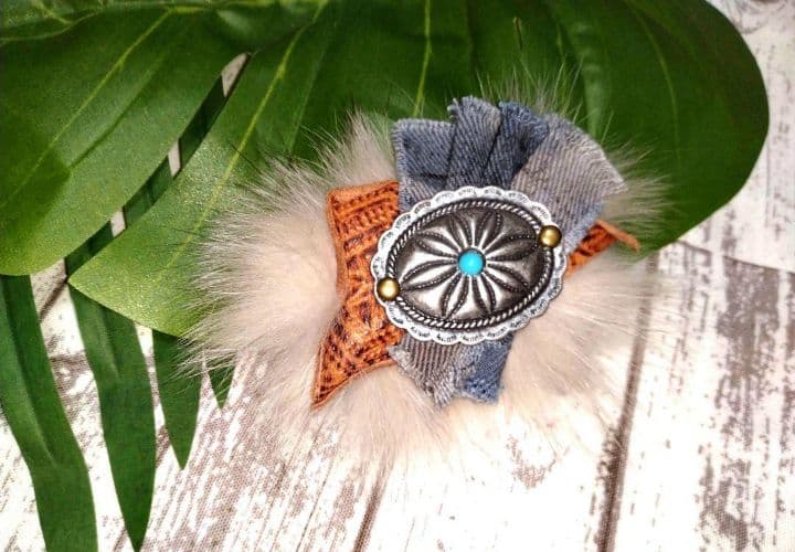 antique風　vintage調　ファーコンチョ　手染めデニムヘアークリップ