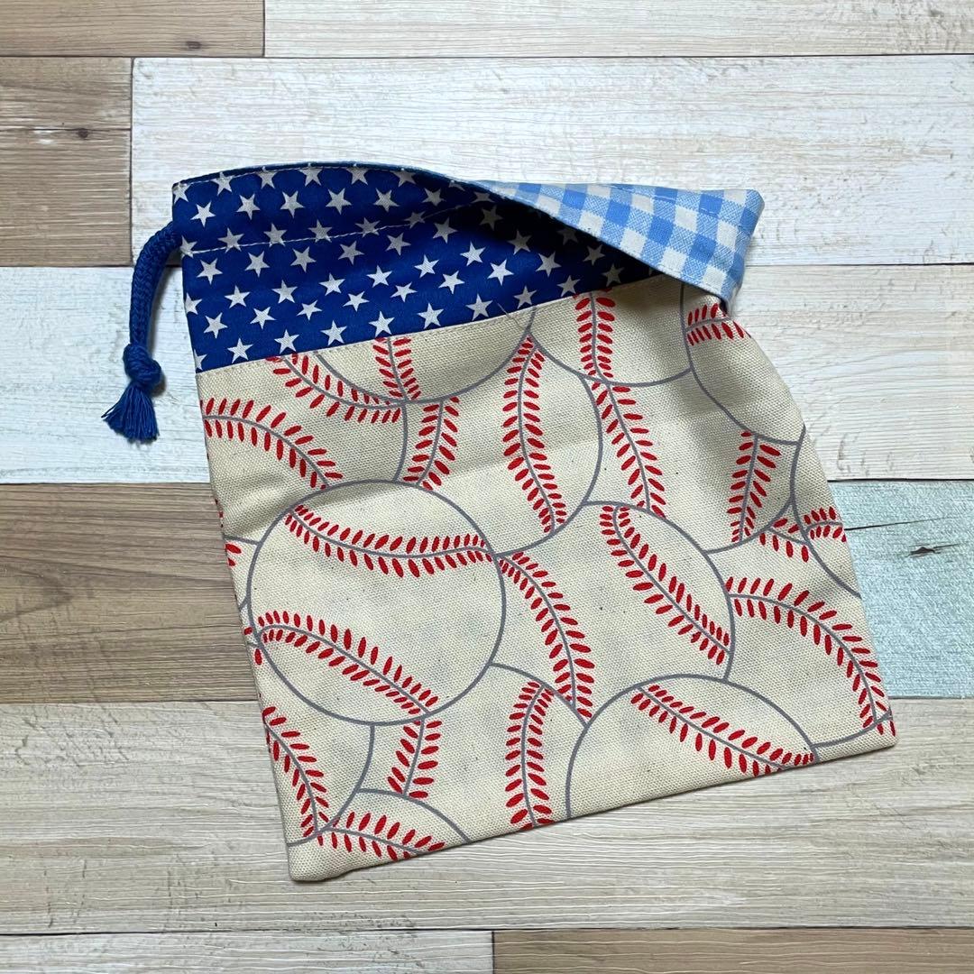 ハンドメイド★野球。ベースボール⚾プリント×星柄切替片側紐出し巾着。入園グッズ