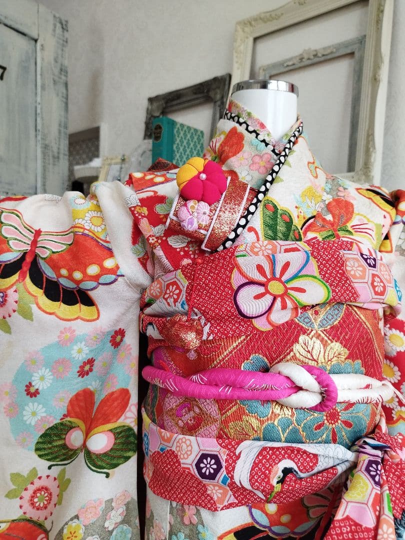 専用です☆大正浪漫アンティーク白系の着物にだらりの帯セット☆七五三ハーフ成人式