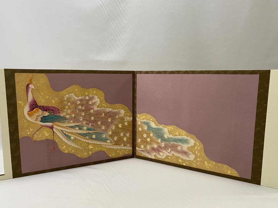 京友禅　孔雀 刺繍 二曲屏風 正絹　シルク　リメイク　京表具　Byobu