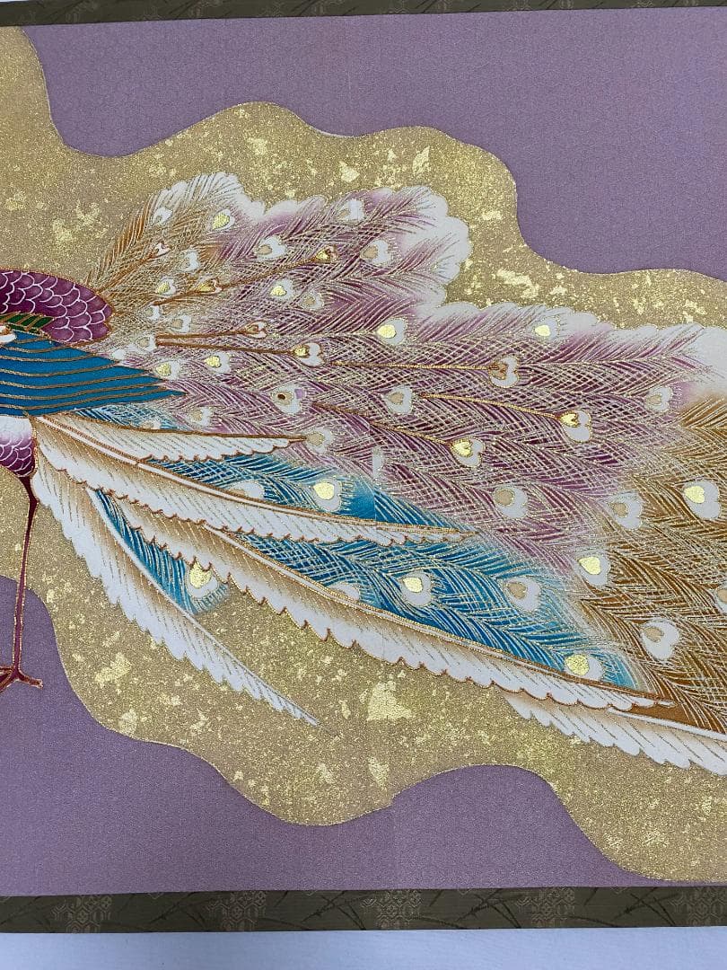 京友禅　孔雀 刺繍 二曲屏風 正絹　シルク　リメイク　京表具　Byobu