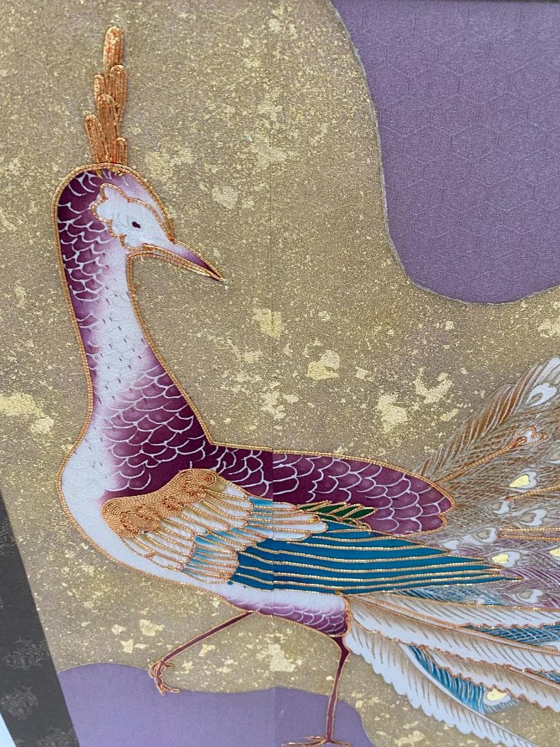 京友禅　孔雀 刺繍 二曲屏風 正絹　シルク　リメイク　京表具　Byobu