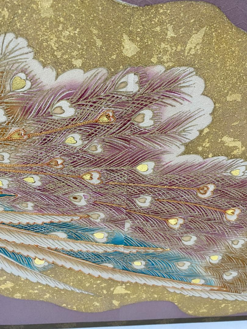 京友禅　孔雀 刺繍 二曲屏風 正絹　シルク　リメイク　京表具　Byobu