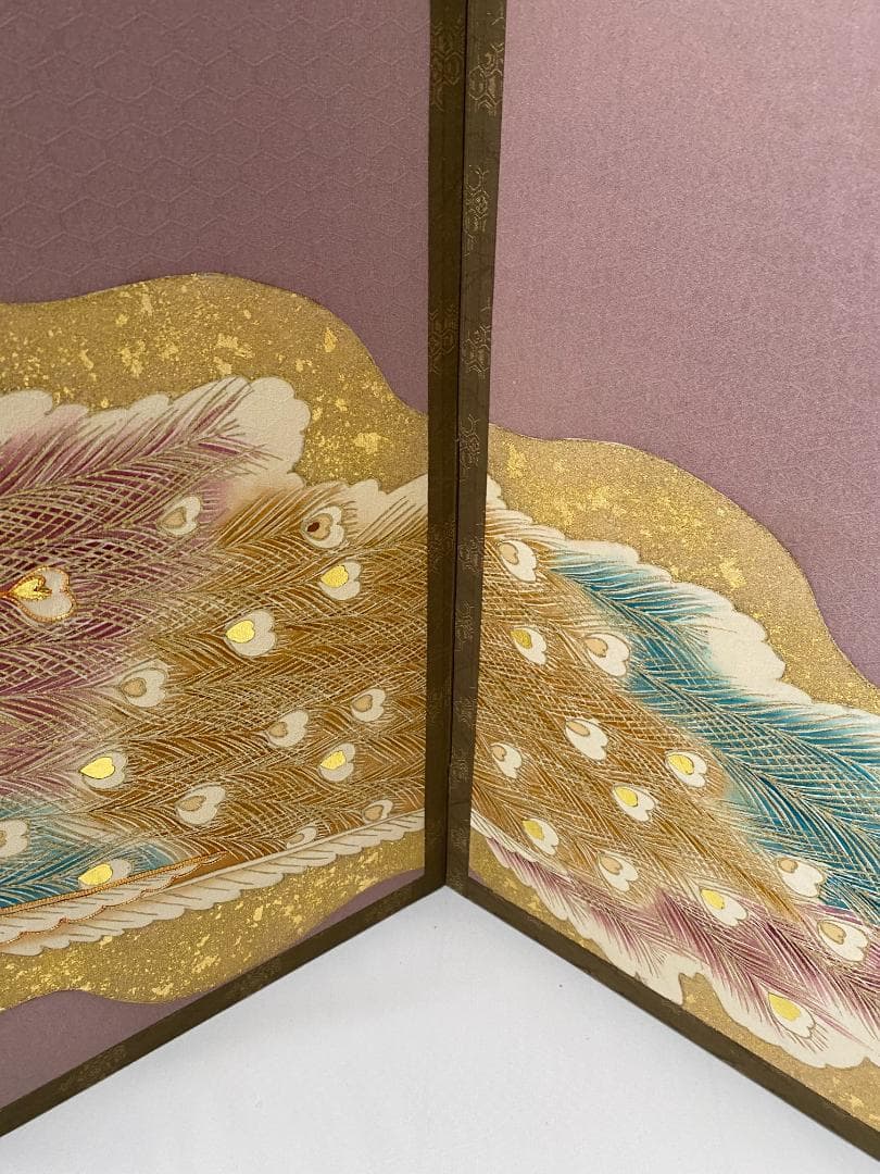 京友禅　孔雀 刺繍 二曲屏風 正絹　シルク　リメイク　京表具　Byobu