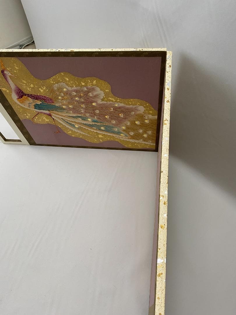 京友禅　孔雀 刺繍 二曲屏風 正絹　シルク　リメイク　京表具　Byobu