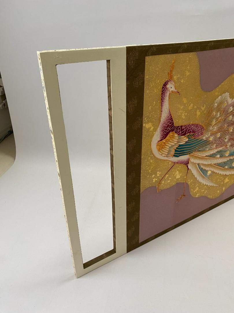 京友禅　孔雀 刺繍 二曲屏風 正絹　シルク　リメイク　京表具　Byobu