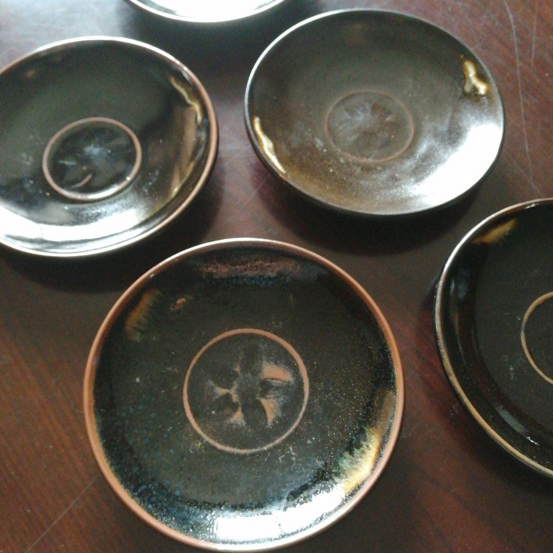 瀬戸焼　加藤華仙　黒釉皿　5枚　15cm　大正〜昭和初期