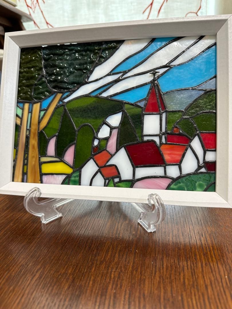 ステンドグラスパネル　ハンドメイド　教会のある街　お箸置きのおまけ付き♪