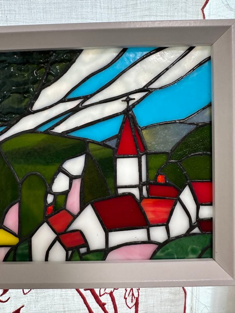 ステンドグラスパネル　ハンドメイド　教会のある街　お箸置きのおまけ付き♪