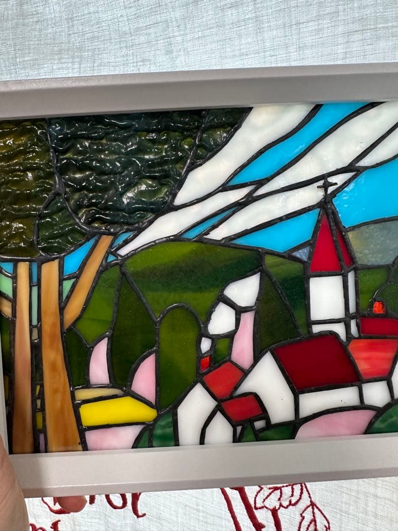 ステンドグラスパネル　ハンドメイド　教会のある街　お箸置きのおまけ付き♪