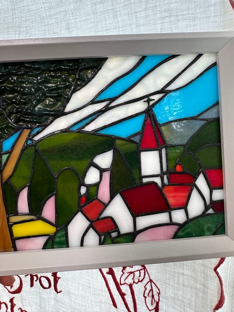 ステンドグラスパネル　ハンドメイド　教会のある街　お箸置きのおまけ付き♪