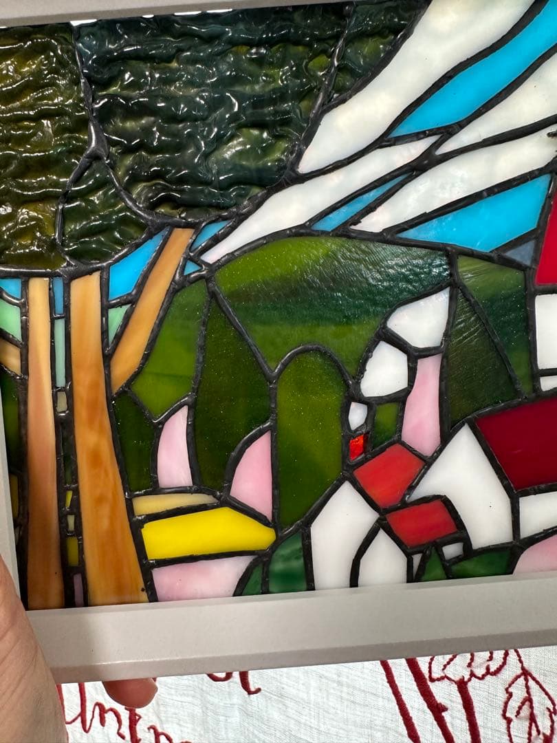 ステンドグラスパネル　ハンドメイド　教会のある街　お箸置きのおまけ付き♪