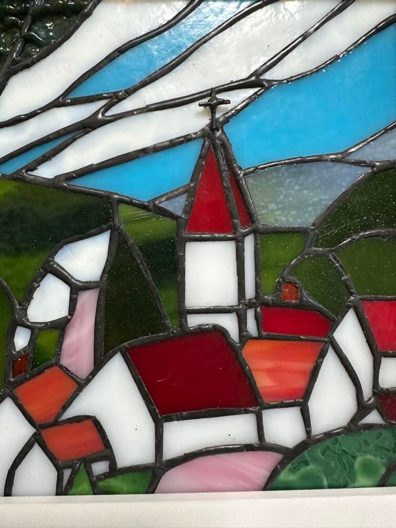 ステンドグラスパネル　ハンドメイド　教会のある街　お箸置きのおまけ付き♪