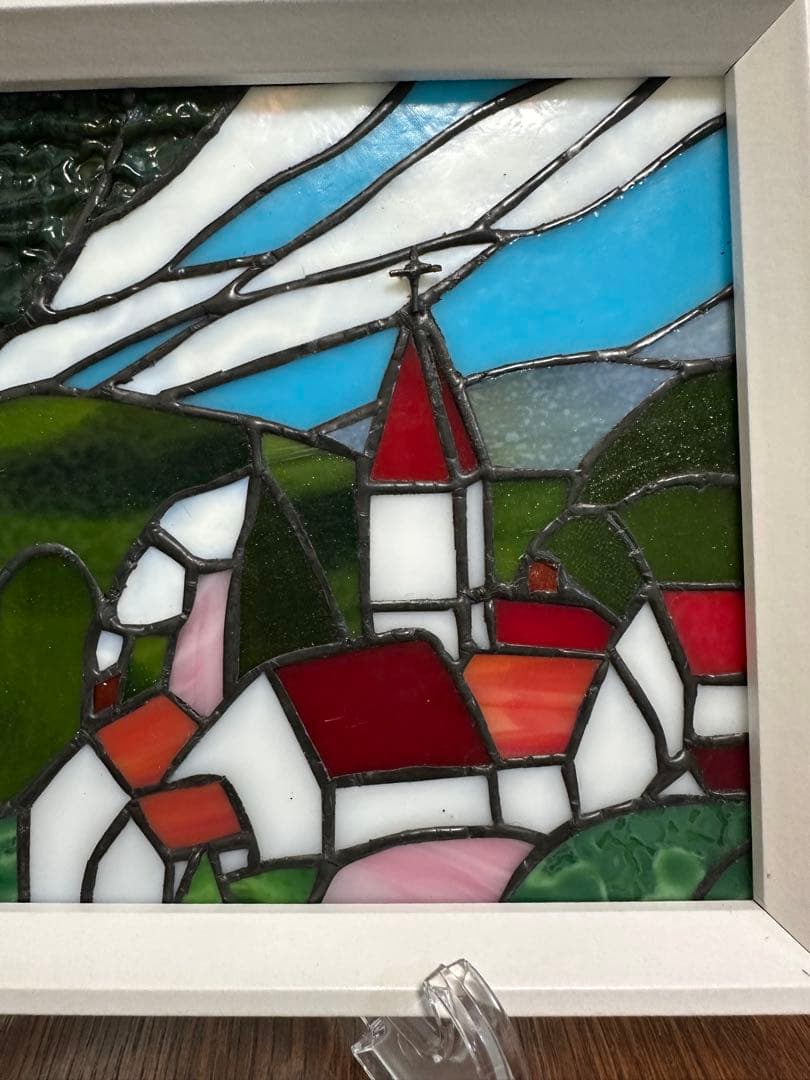 ステンドグラスパネル　ハンドメイド　教会のある街　お箸置きのおまけ付き♪