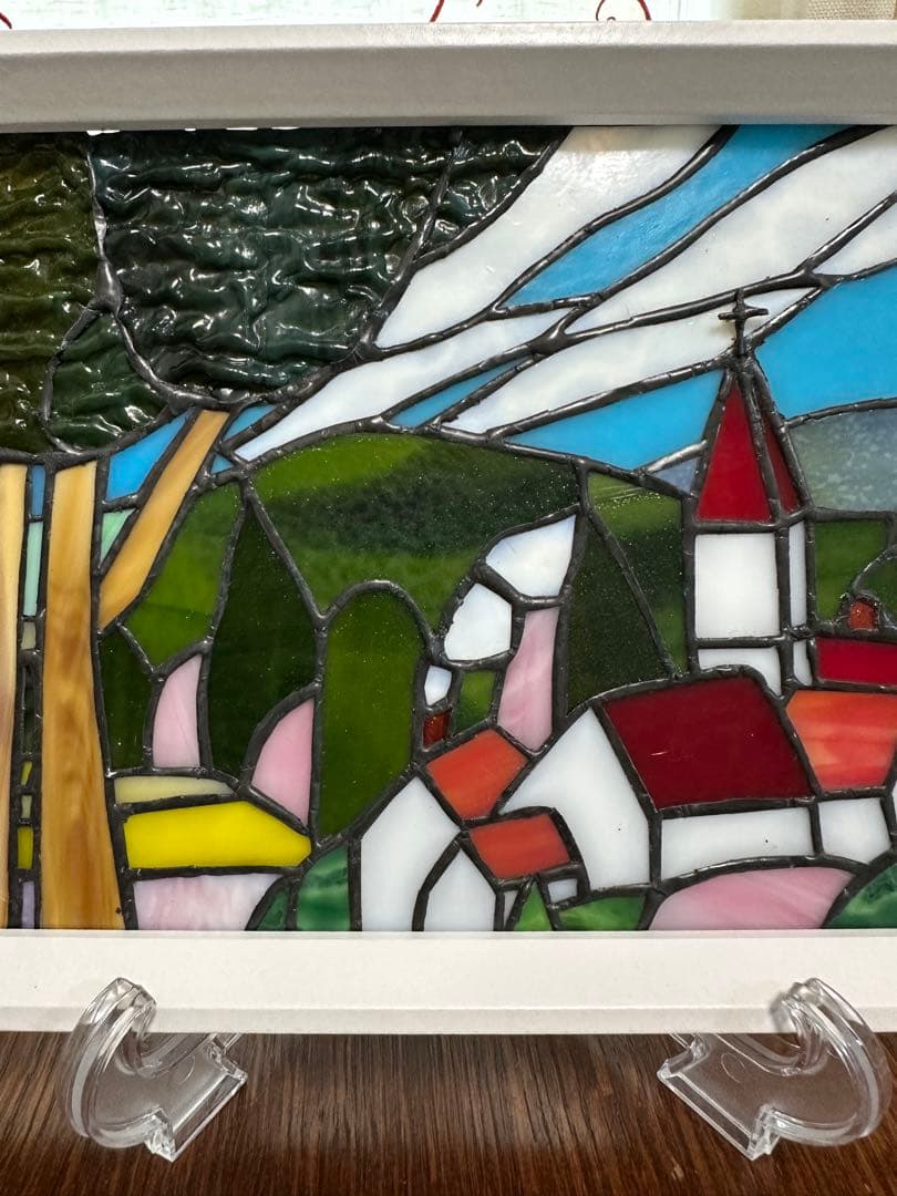 ステンドグラスパネル　ハンドメイド　教会のある街　お箸置きのおまけ付き♪