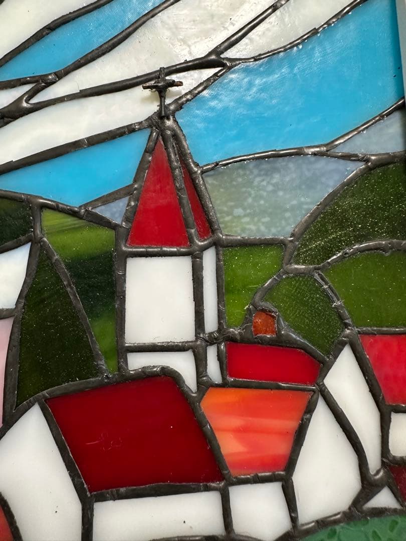 ステンドグラスパネル　ハンドメイド　教会のある街　お箸置きのおまけ付き♪
