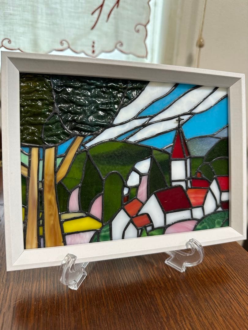 ステンドグラスパネル　ハンドメイド　教会のある街　お箸置きのおまけ付き♪