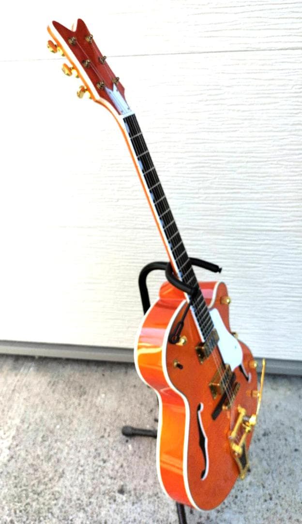 フルアコアーチトップギター③　オレンジ虎目トレモロアーム　ステンレスフレット