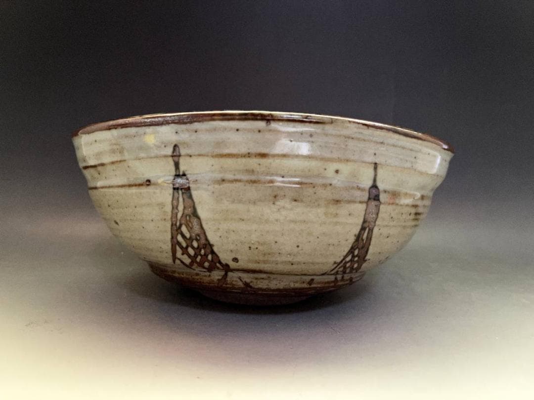 菓子器■二代竹泉作 絵唐津橋絵菓子鉢 歪み平鉢 大鉢 共箱 時代物 骨董品■