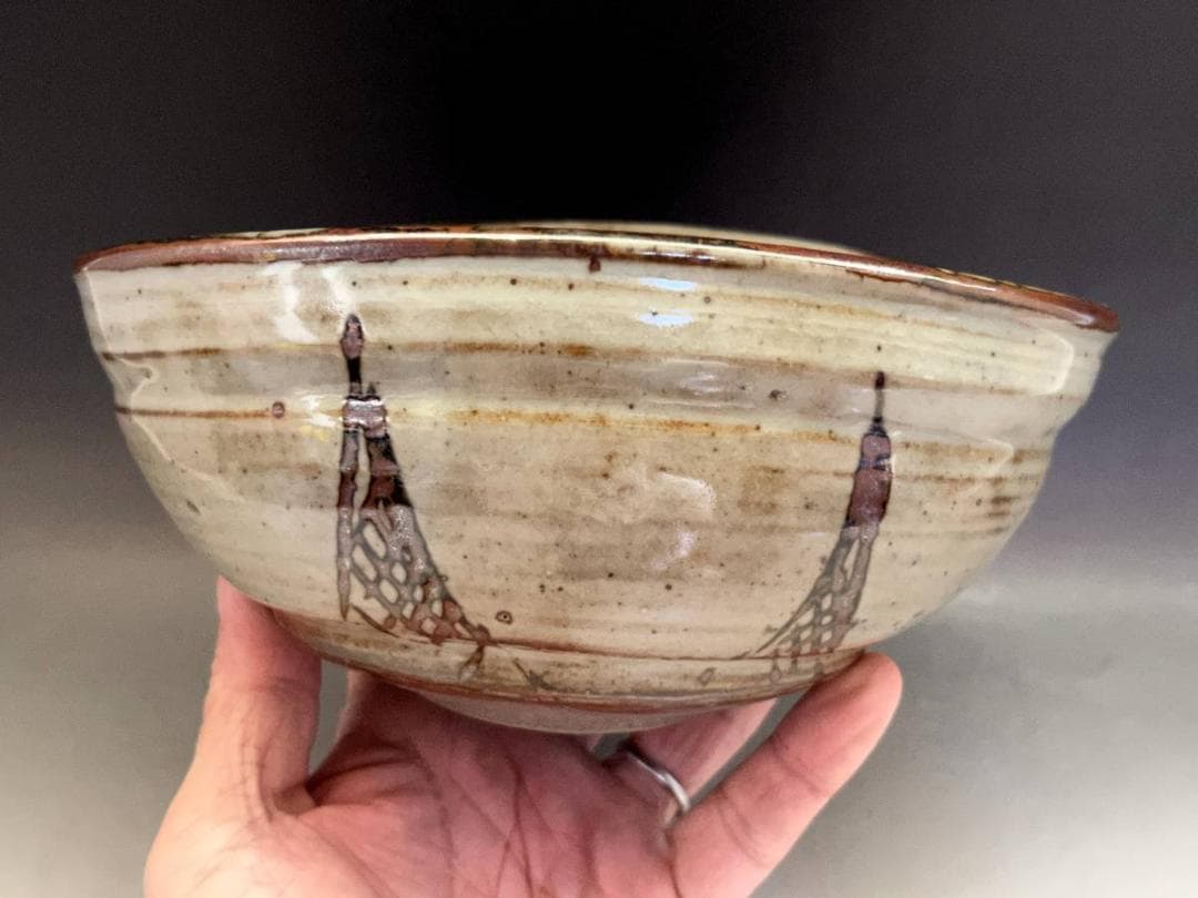 菓子器■二代竹泉作 絵唐津橋絵菓子鉢 歪み平鉢 大鉢 共箱 時代物 骨董品■