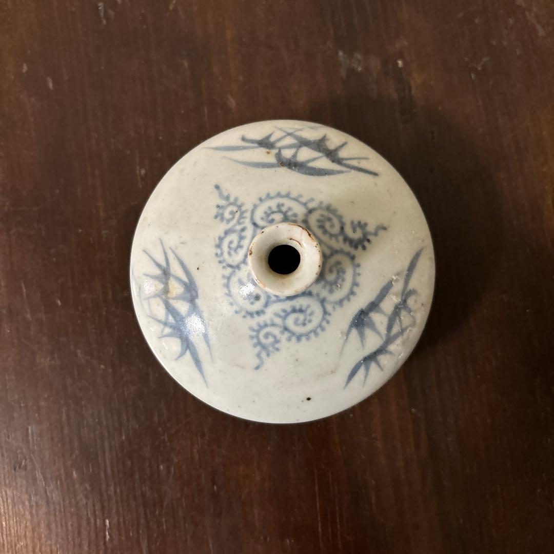 古伊万里染付タコ唐草笹紋様油壷　江戸時代　骨董　アンティーク　検:白洲正子　李朝