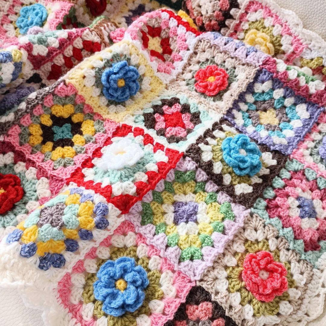 手編みブランケット★グラニースクエア★お花モチーフ★かぎ針編み★手編みカバー