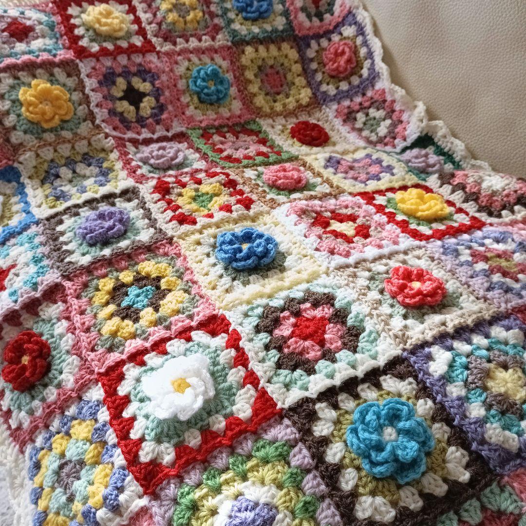 手編みブランケット★グラニースクエア★お花モチーフ★かぎ針編み★手編みカバー