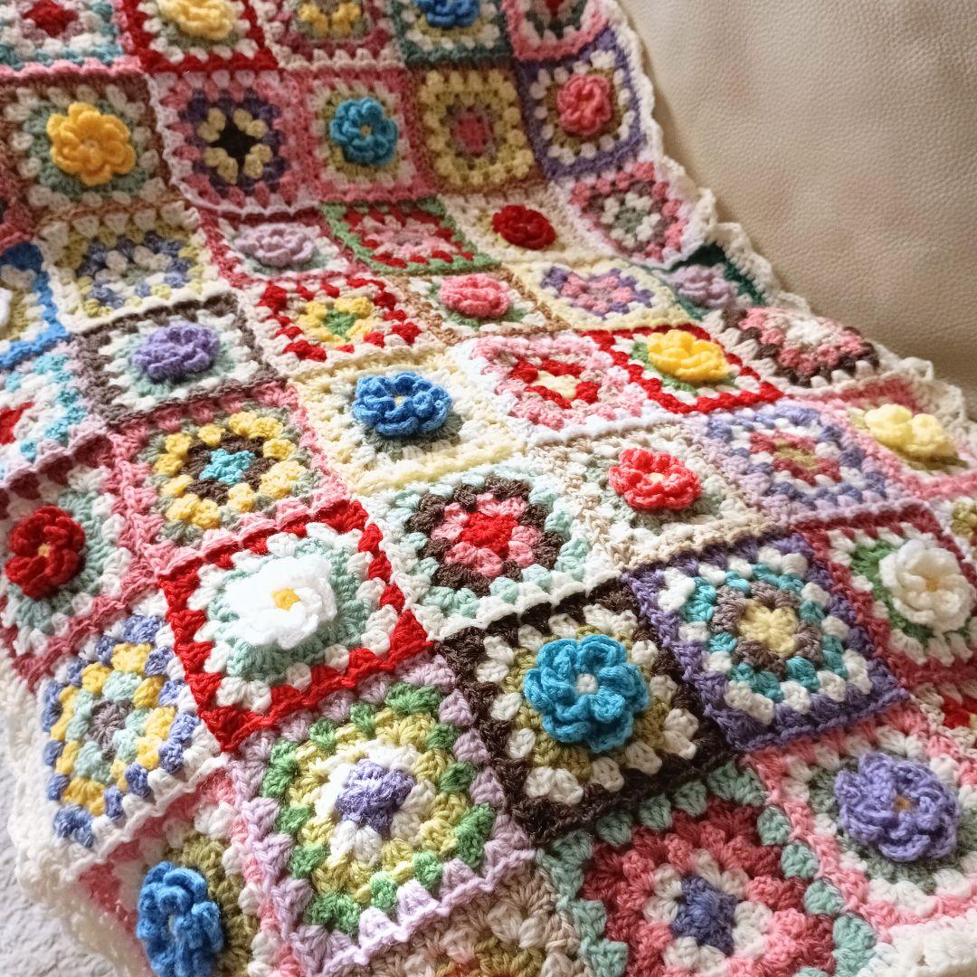 手編みブランケット★グラニースクエア★お花モチーフ★かぎ針編み★手編みカバー
