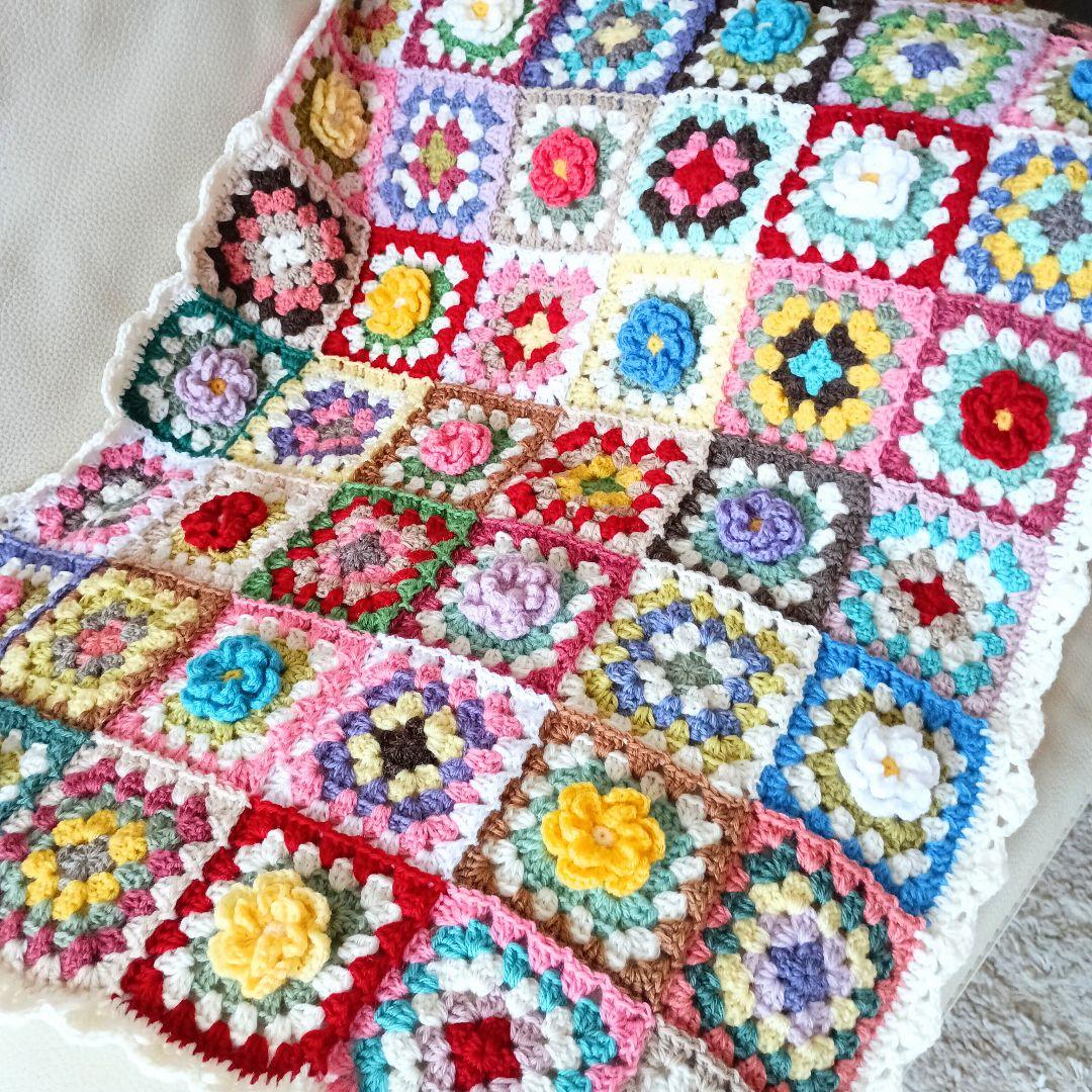 手編みブランケット★グラニースクエア★お花モチーフ★かぎ針編み★手編みカバー