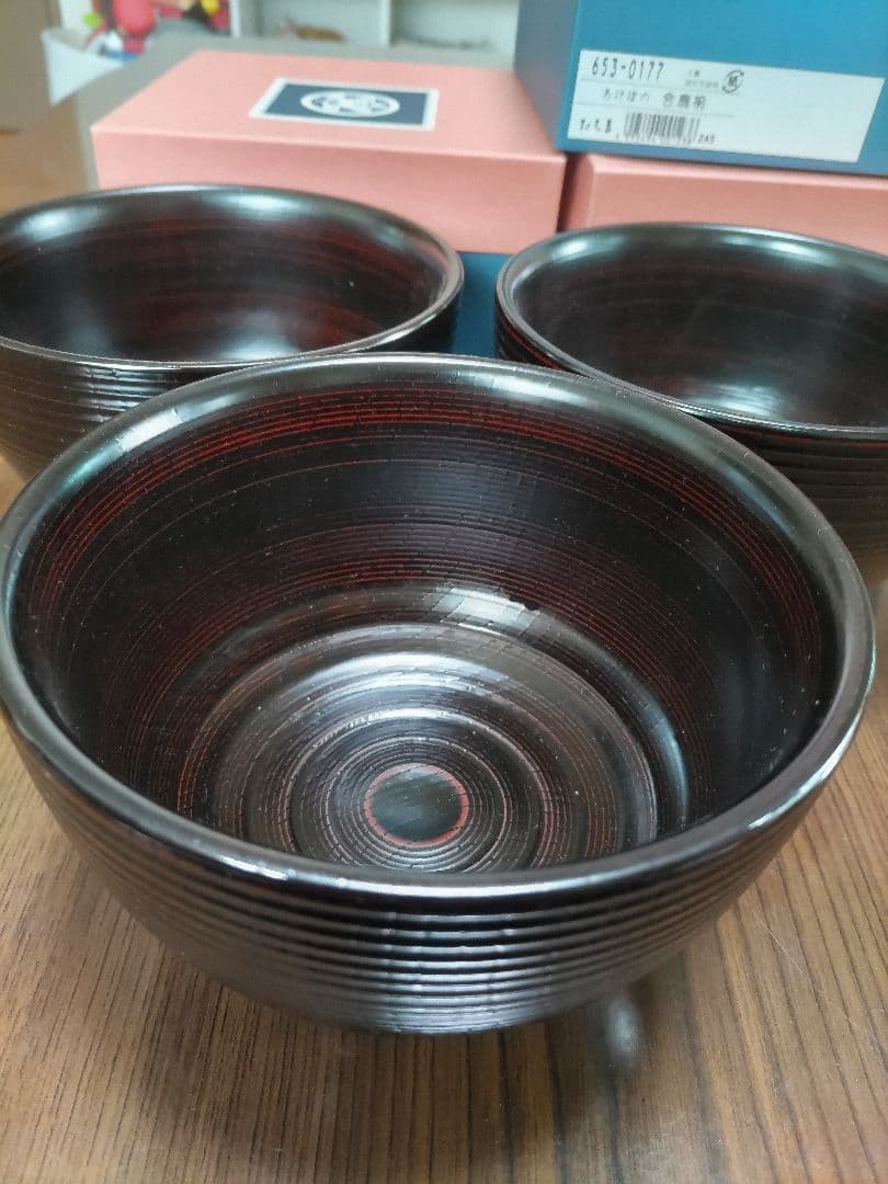 合鹿椀　たち吉　あけぼの黒（品番653-0177）3客セット　未使用箱入り保管