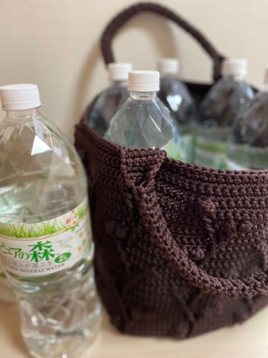 スワン糸かぎ針編みカゴバッグ  大容量　ブラウン　花柄　秋
