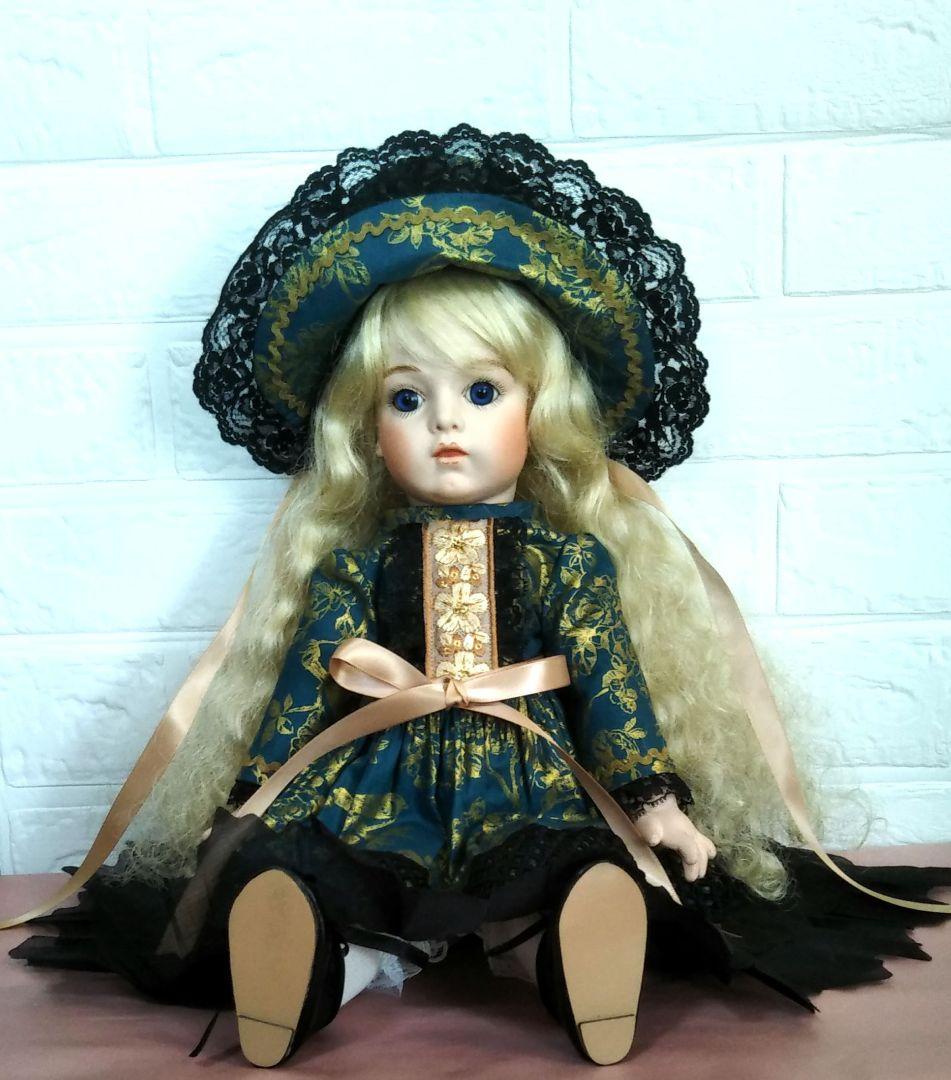 ビスクドール用　ドレス　ボネ　深藍色　ゴールド色柄