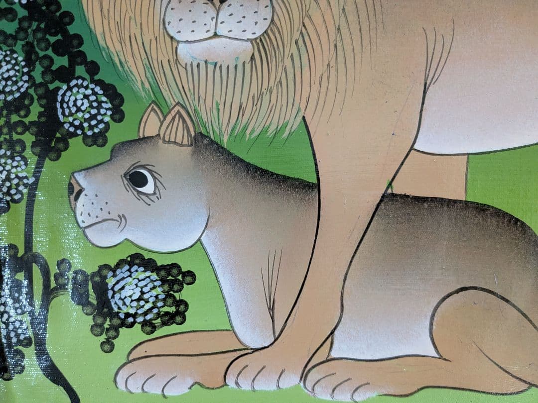 ●アフリカの絵画、ティンガティンガ、ライオンの夫婦、Ally、30×40cm