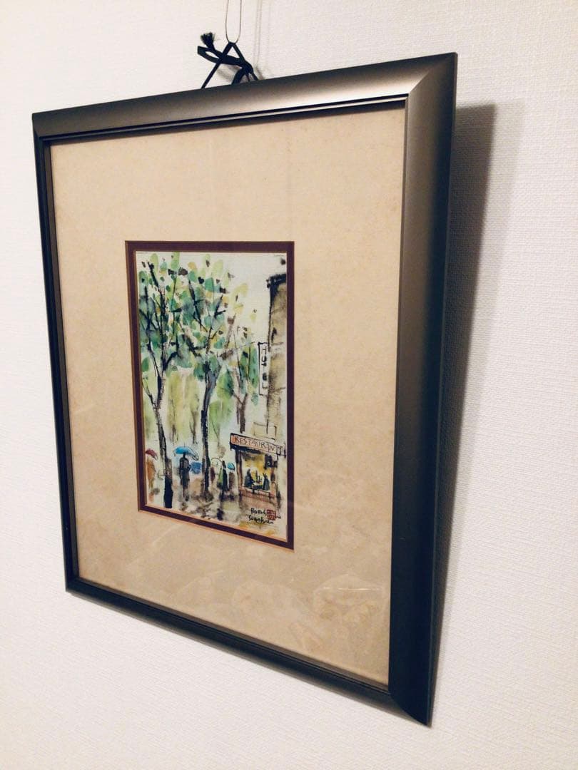 ◉真作保証◉洋画家・菅原洸人◉雨の鋪道(パリ)◉水彩画P4号◉師小磯良平◉額付き