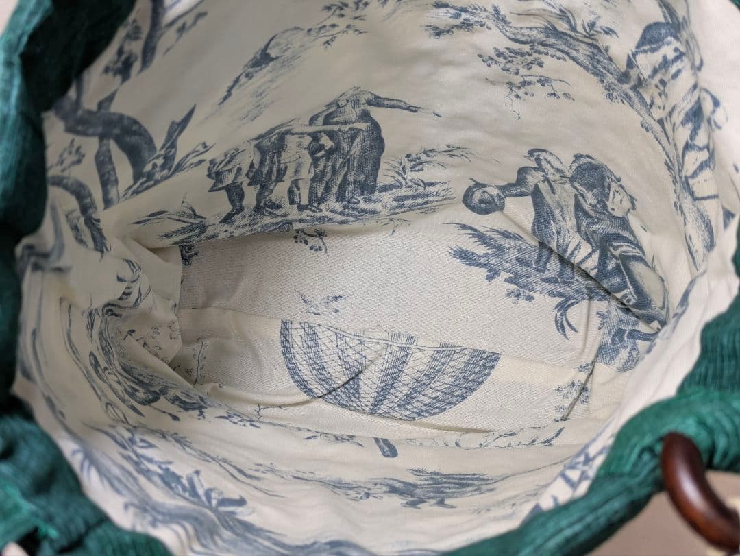 ハンドメイド 貴婦人柄 レース付き 緑地 トートバッグ