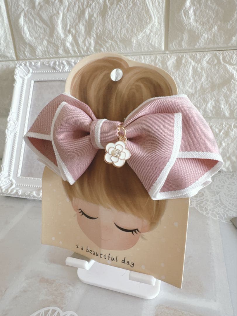 No.21リボンヘアゴム☆ハンドメイド☆サイドホワイトウール☆ピンク系