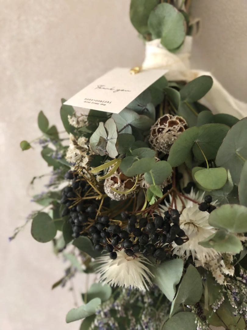 Blue green ネイティブフラワーと銀世界　静かな森のスワッグ　48cm