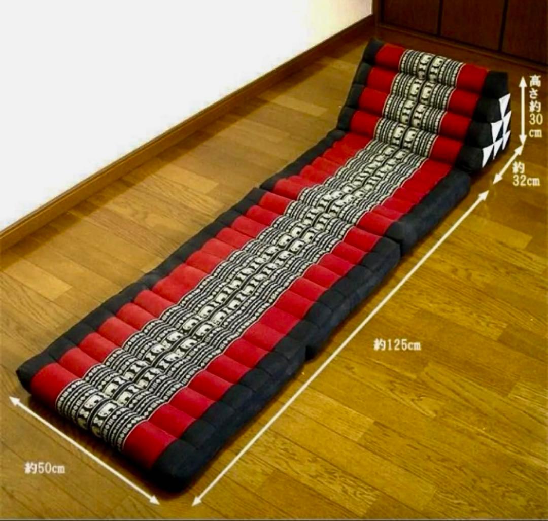 タイ 三角枕 クッションマット　畳める　ごろ寝　象　黒ｘ赤 エスニック アジアン