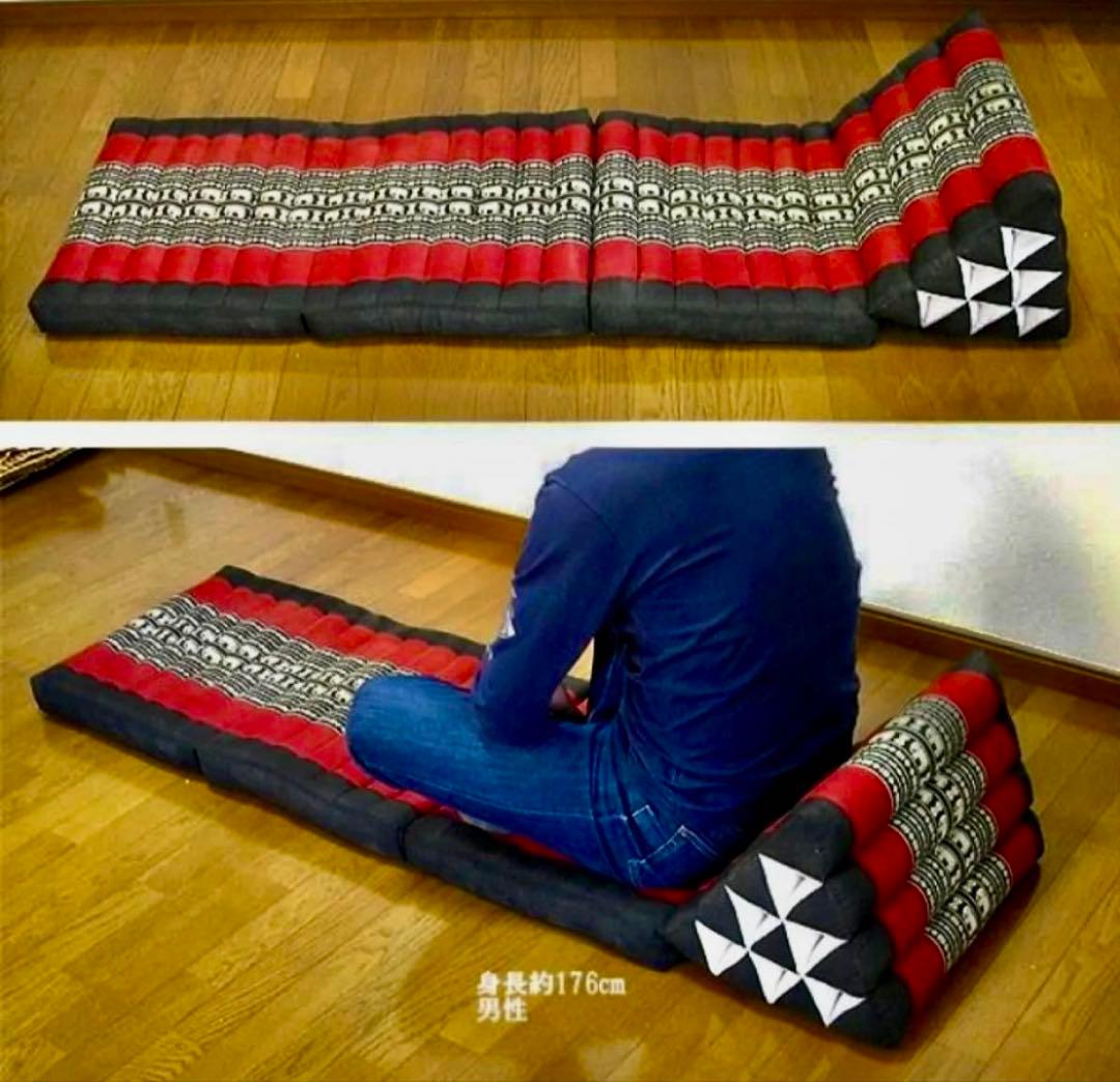 タイ 三角枕 クッションマット　畳める　ごろ寝　象　黒ｘ赤 エスニック アジアン