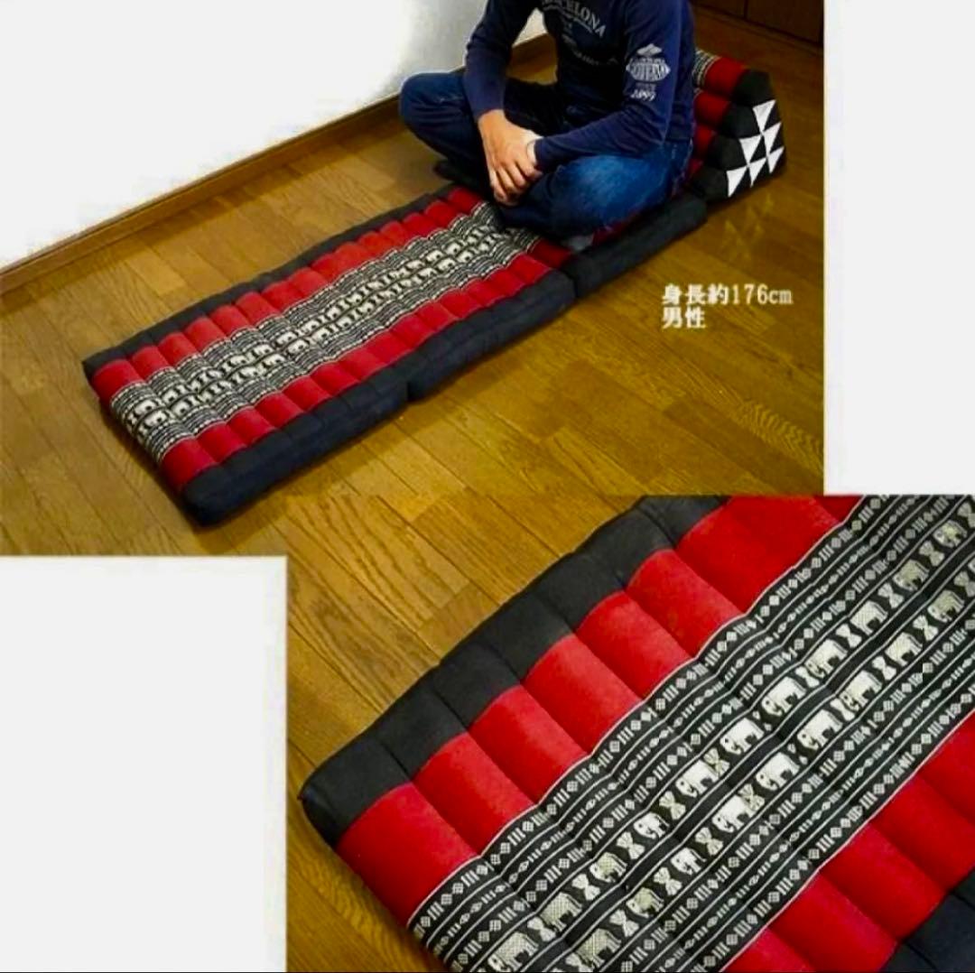タイ 三角枕 クッションマット　畳める　ごろ寝　象　黒ｘ赤 エスニック アジアン
