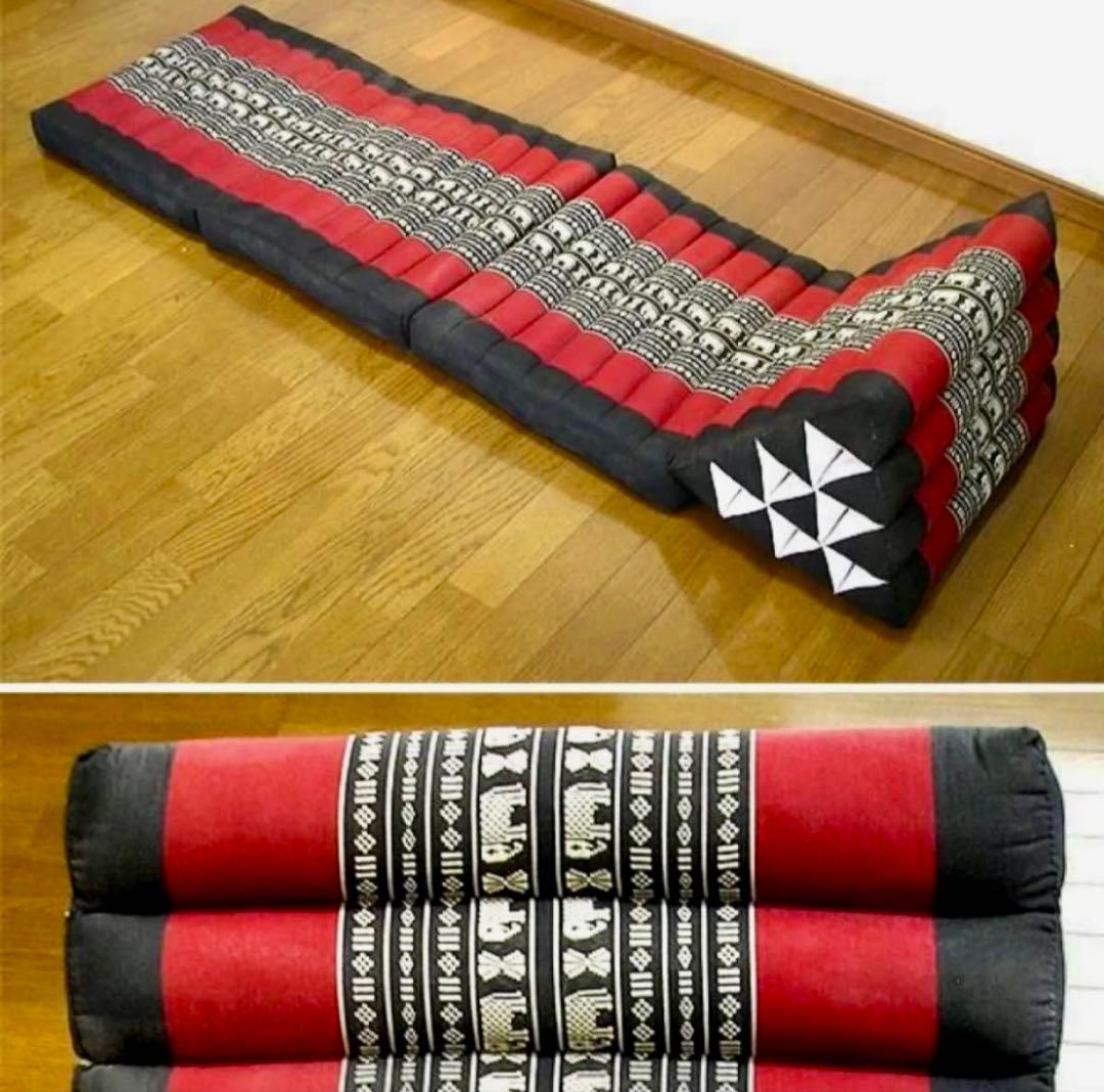 タイ 三角枕 クッションマット　畳める　ごろ寝　象　黒ｘ赤 エスニック アジアン