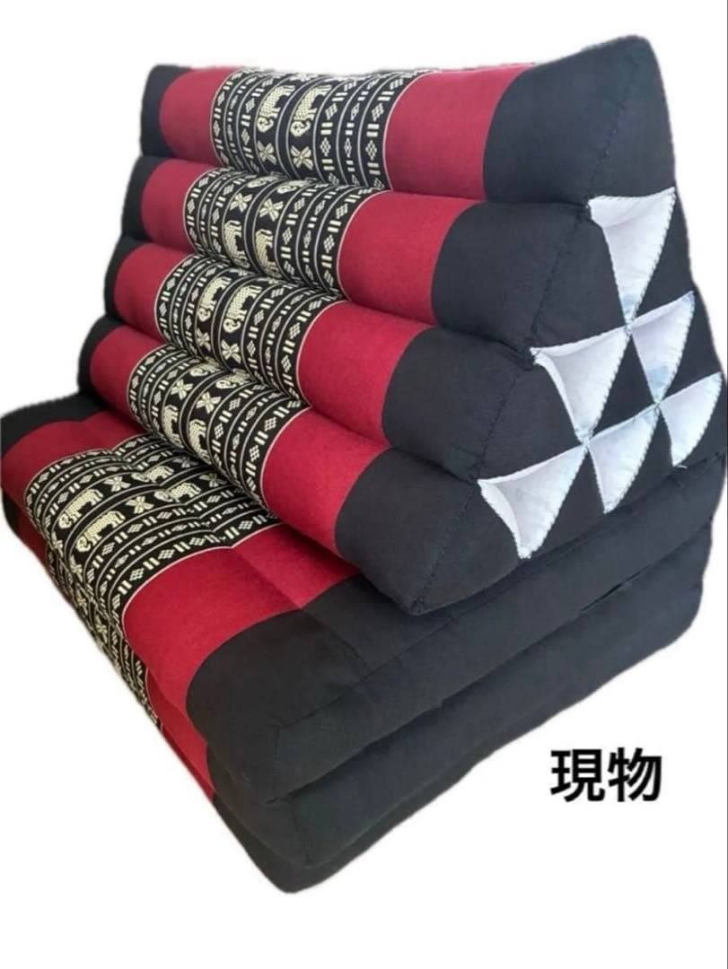 タイ 三角枕 クッションマット　畳める　ごろ寝　象　黒ｘ赤 エスニック アジアン