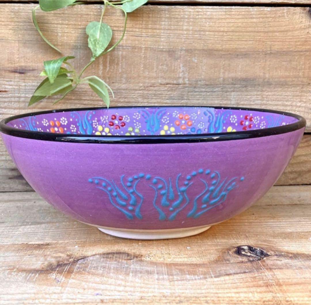 21cm☆新品☆【トルコ】 ボウル 皿＊パープル＊ ハンドメイド キュタフヤ陶器