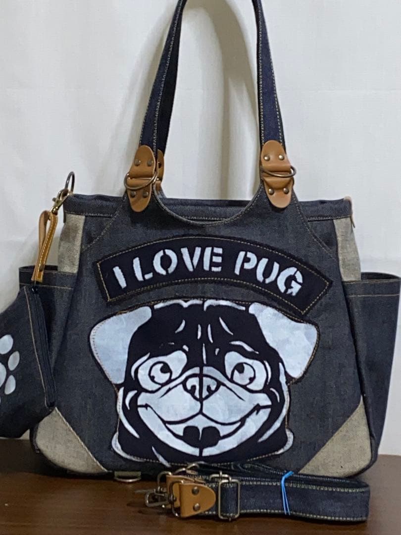 パグ☆岡山デニム☆特大ワッペン&ステンシル☆パグ☆4wayあおりバッグ